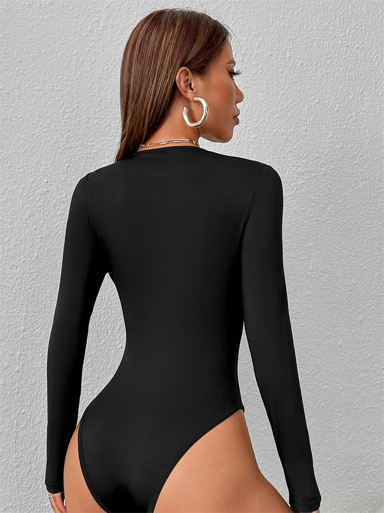 Women Basic Long Sleeve Round Neck Blouse Bodysuit Autumn Winter Casual Solid Color Slim Fit Bodycon Jumpsuit Streetwear thumbnail 2