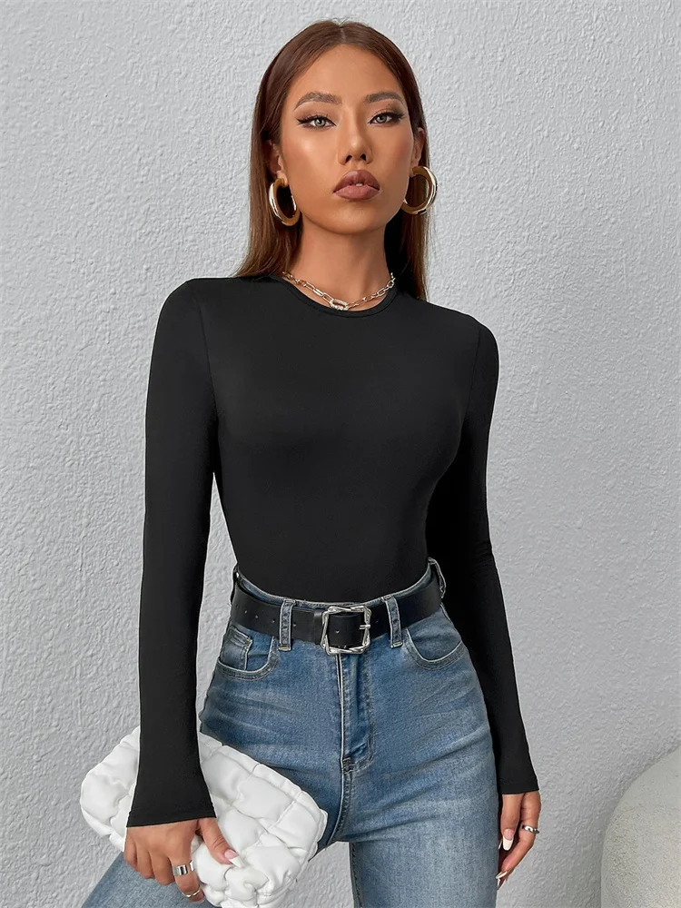 Women Basic Long Sleeve Round Neck Blouse Bodysuit Autumn Winter Casual Solid Color Slim Fit Bodycon Jumpsuit Streetwear thumbnail 5