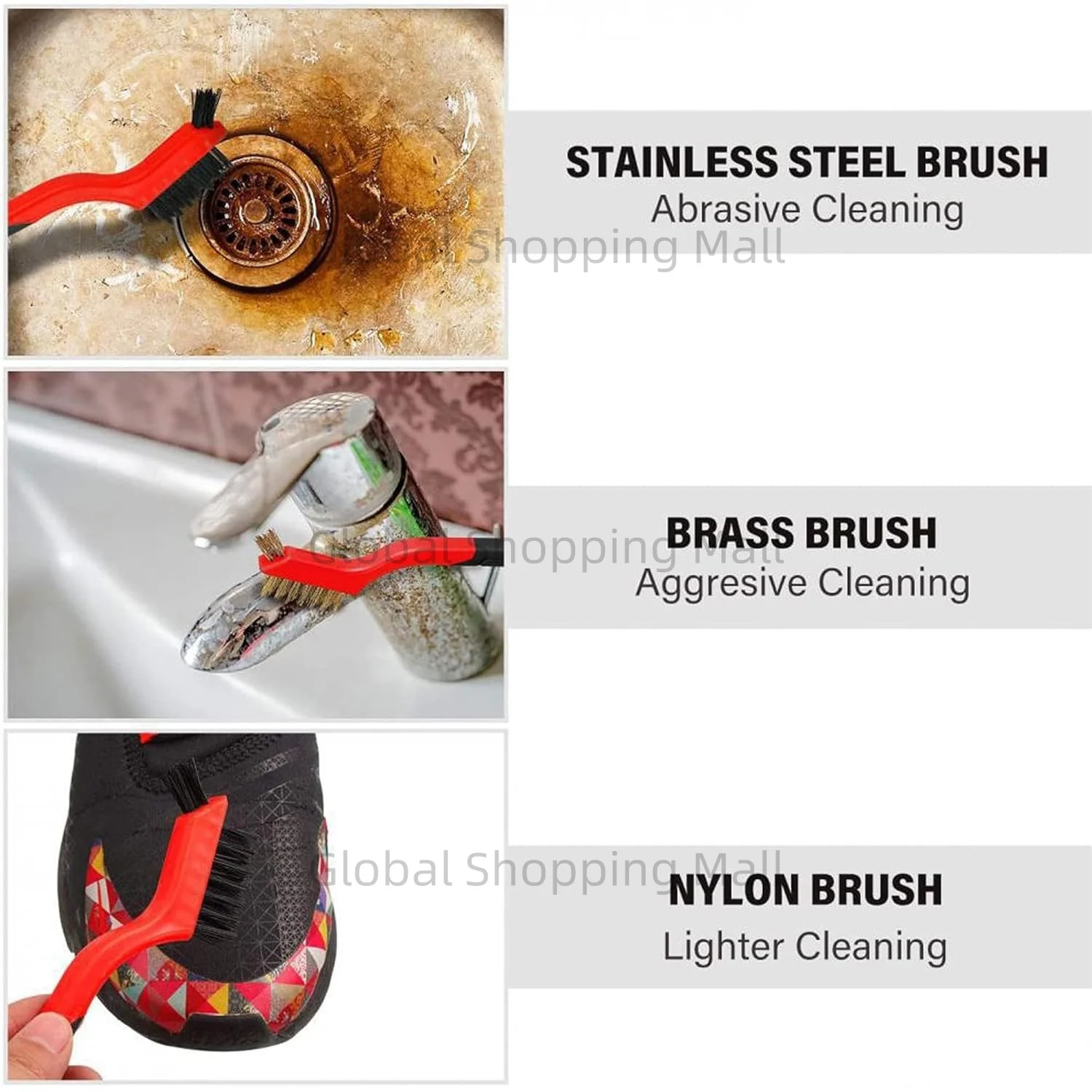 Wire Brush Set for Cleaning Rust Removal in Holes 3PC Brass/Stainless Steel/Nylon Small Metal Wire Brush with Curved Handle Grip thumbnail 3