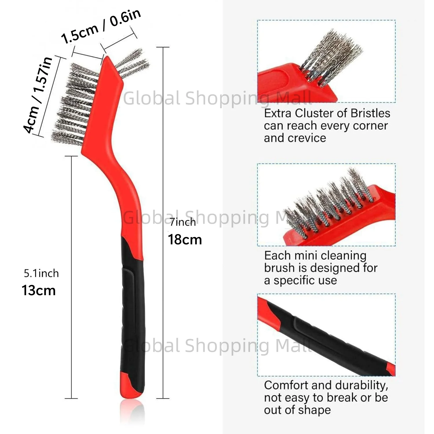 Wire Brush Set for Cleaning Rust Removal in Holes 3PC Brass/Stainless Steel/Nylon Small Metal Wire Brush with Curved Handle Grip thumbnail 6