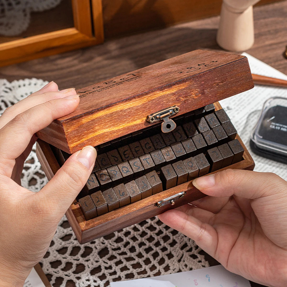 70pcs/box, alphanumeric wooden stamp set, suitable for envelopes, notebooks and manuals, exquisite fashion decoration supplies thumbnail 3