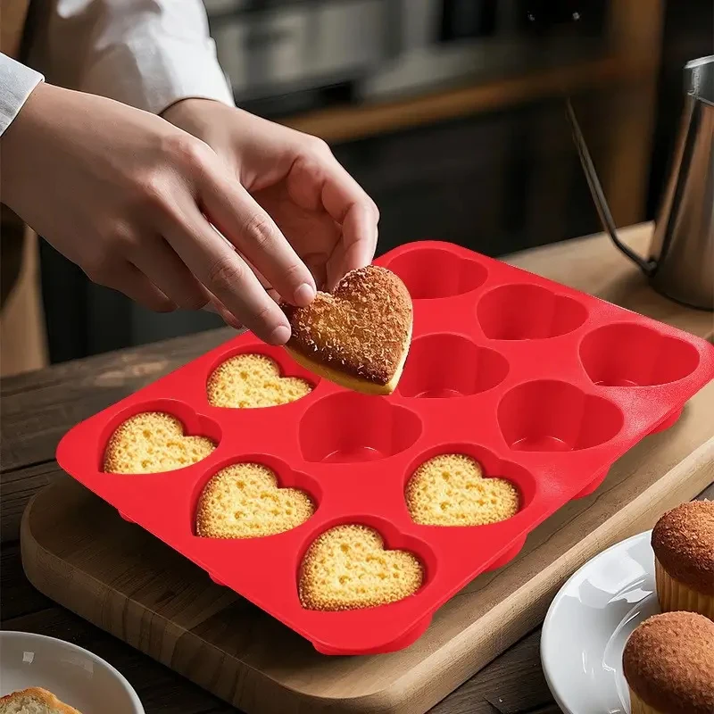 12-Cavity Silicone Cake Mold Heart-Shaped Non-Stick Baking Mold for Brownies Food-Grade Microwave Safe Cupcake Making Tool