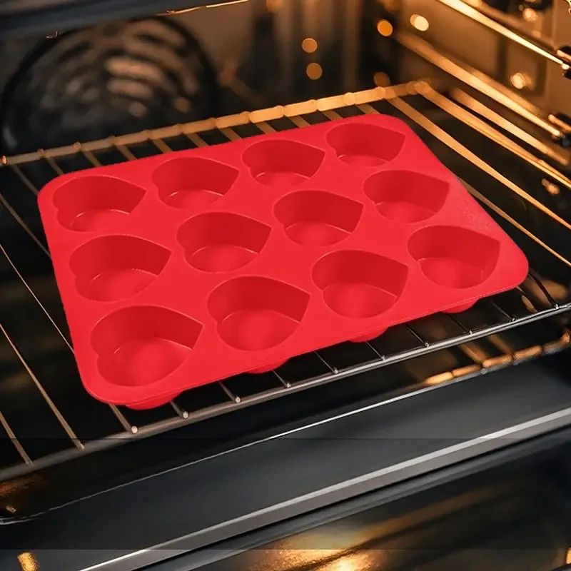 12-Cavity Silicone Cake Mold Heart-Shaped Non-Stick Baking Mold for Brownies Food-Grade Microwave Safe Cupcake Making Tool thumbnail 4