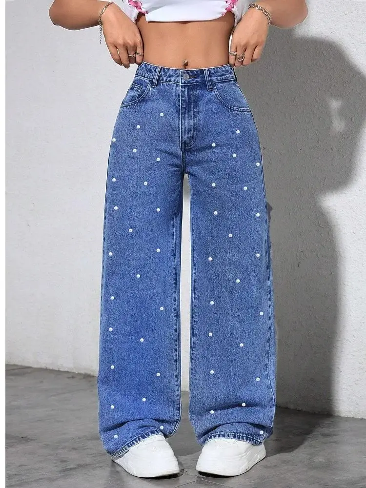 Women High Waist Denim Jeans Ladies Fashion Beading Straight Pants