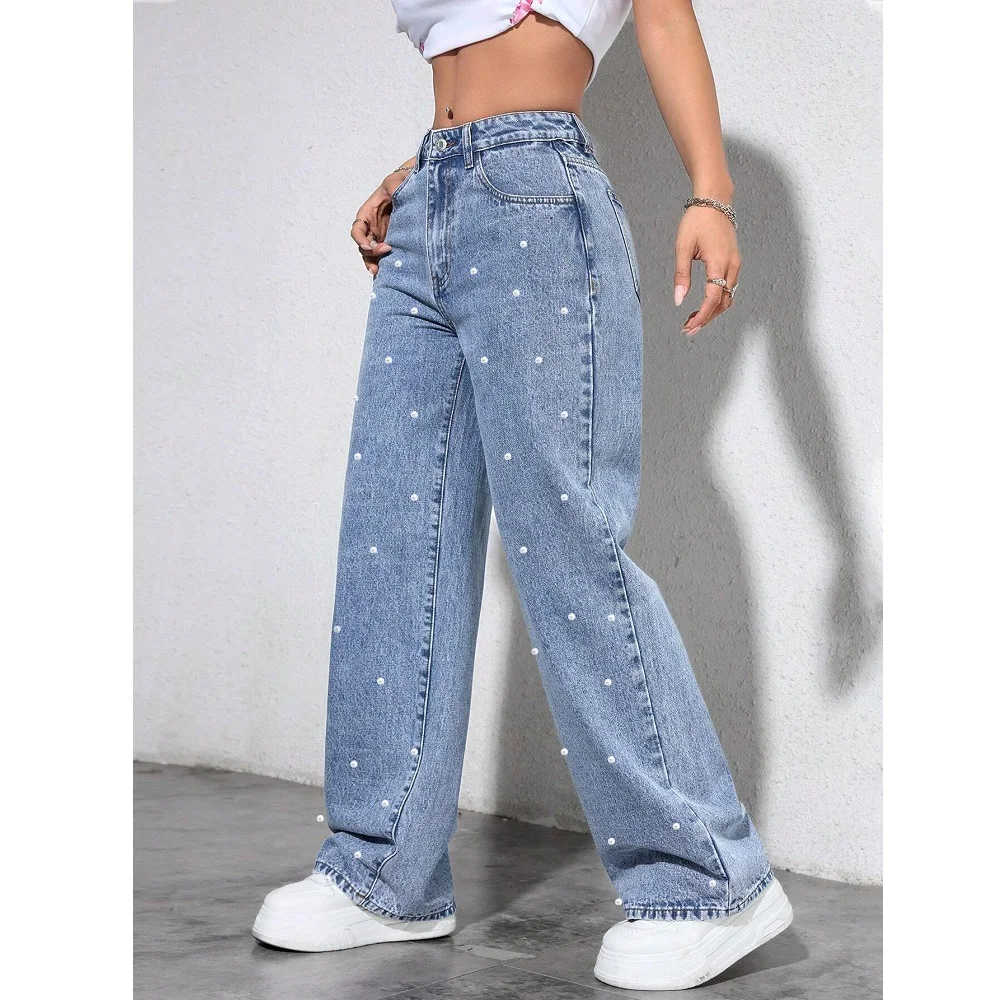 Women High Waist Denim Jeans Ladies Fashion Beading Straight Pants thumbnail 2