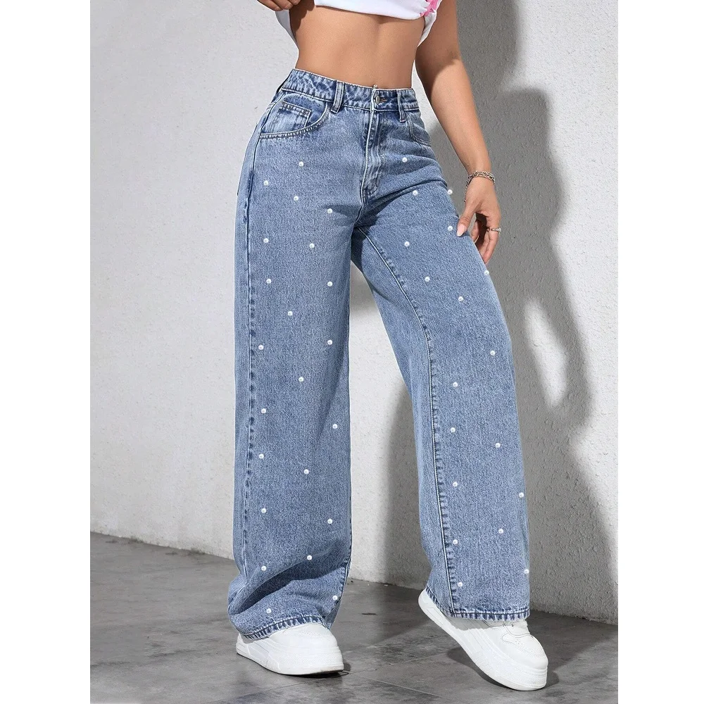 Women High Waist Denim Jeans Ladies Fashion Beading Straight Pants thumbnail 4