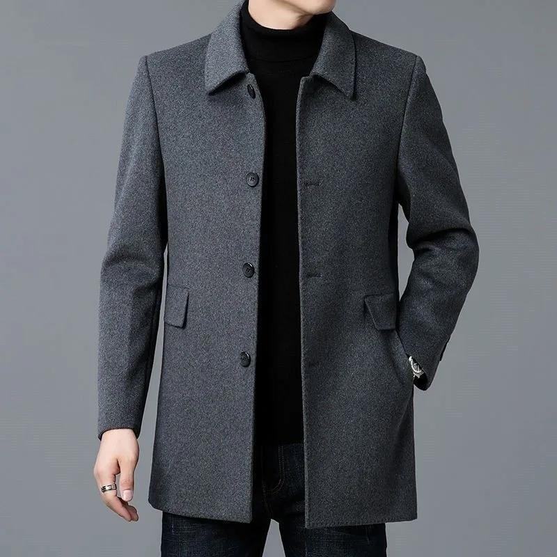Men's Mid-length Double-sided Tweed Windbreaker Autumn and Winter Lapel Wool Coat thumbnail 2