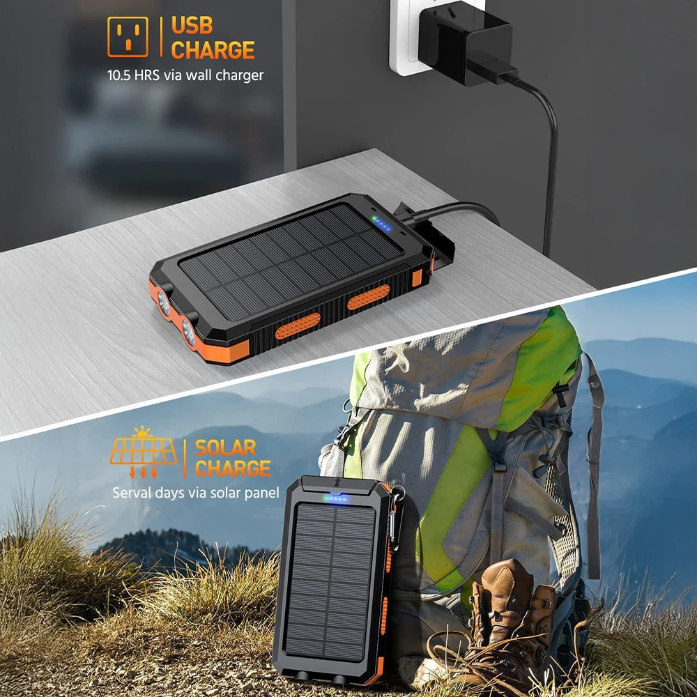 20000mAh Portable Solar Power Bank Camping External Battery Charger for Mobile Phones 2 USB/ LED Flashlights Charger thumbnail 4