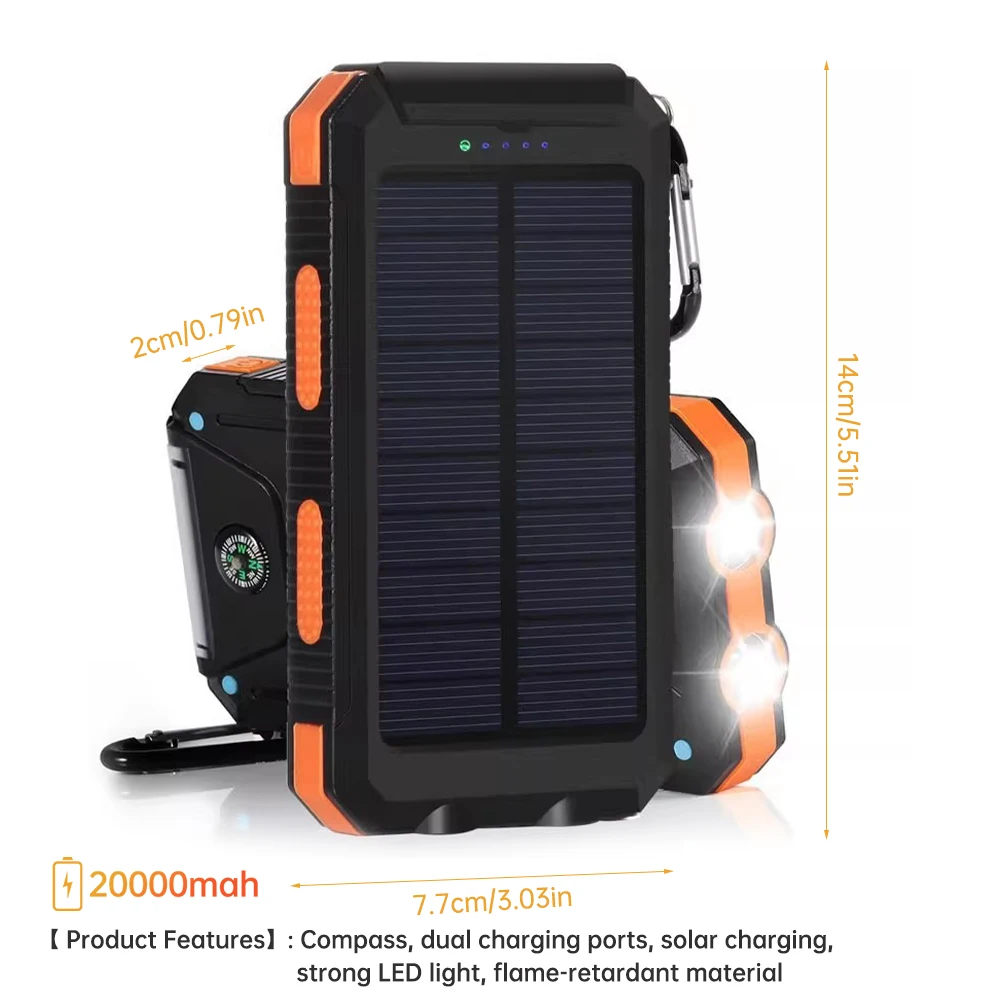 20000mAh Portable Solar Power Bank Camping External Battery Charger for Mobile Phones 2 USB/ LED Flashlights Charger thumbnail 6