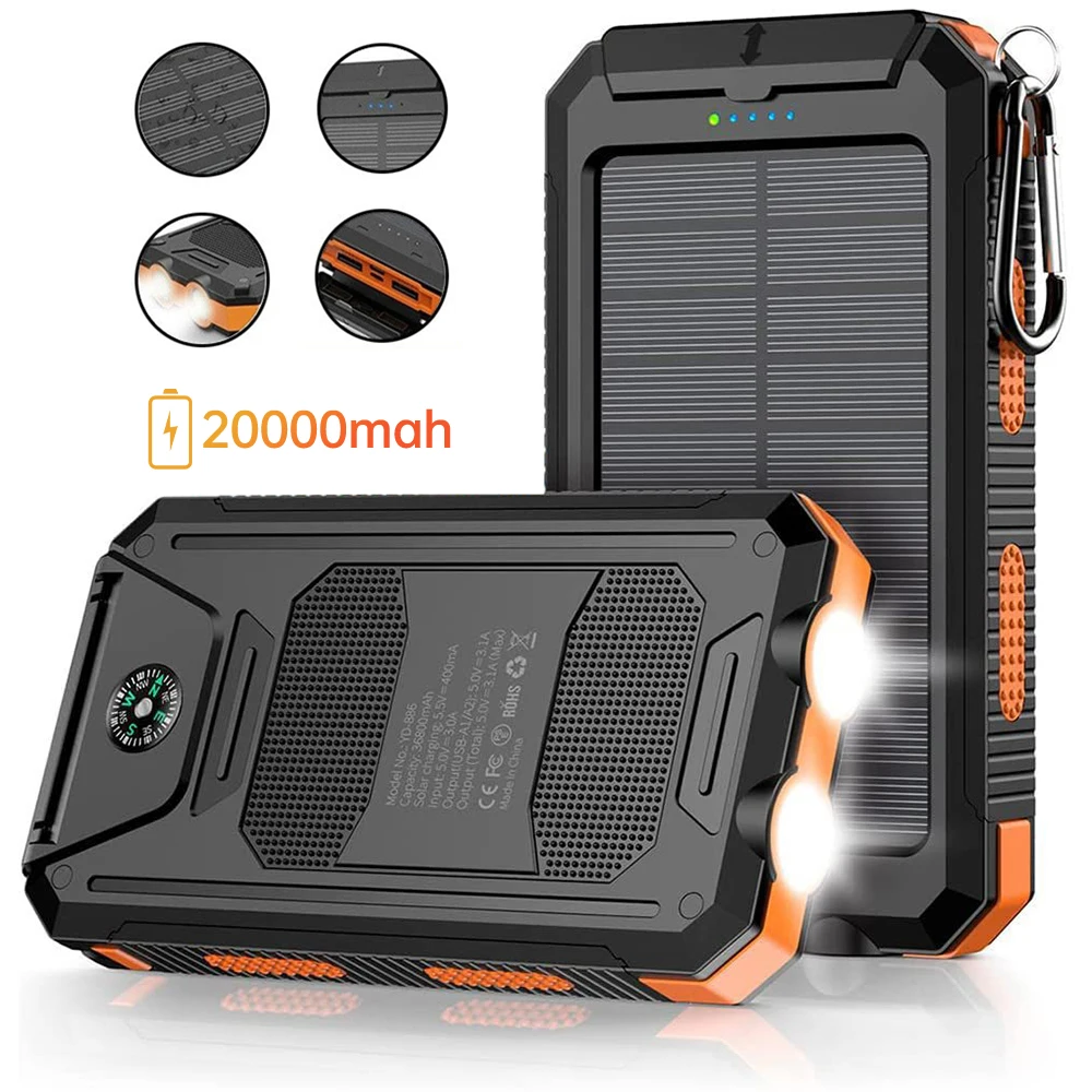 20000mAh Portable Solar Power Bank Camping External Battery Charger for Mobile Phones 2 USB/ LED Flashlights Charger thumbnail 2