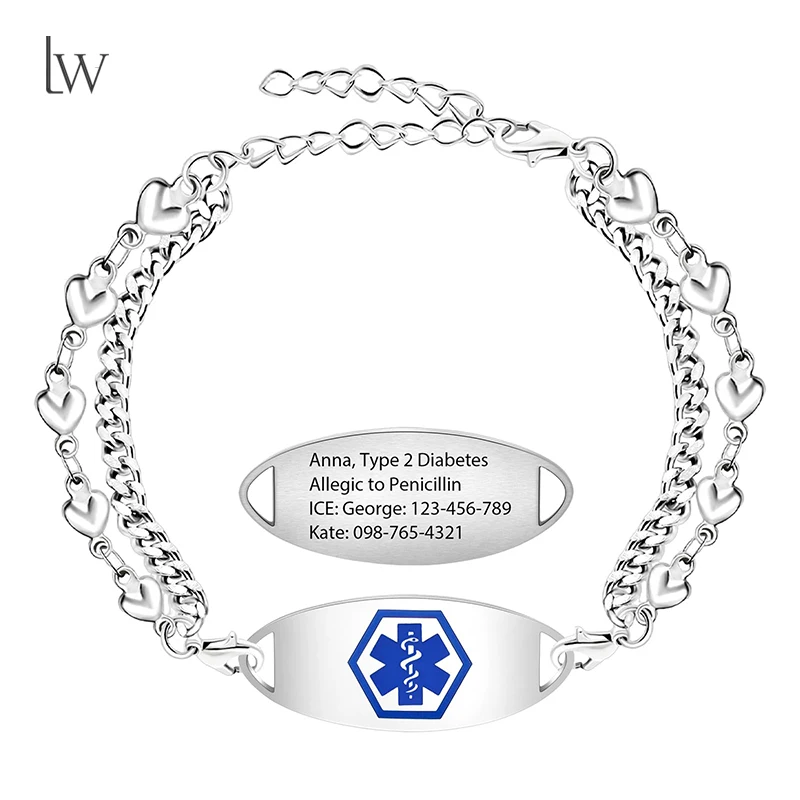 Custom Medical Alert Bracelets for Women Personalized Medical Bracelet Customized Stainless Steel Engraving Emergency Awareness