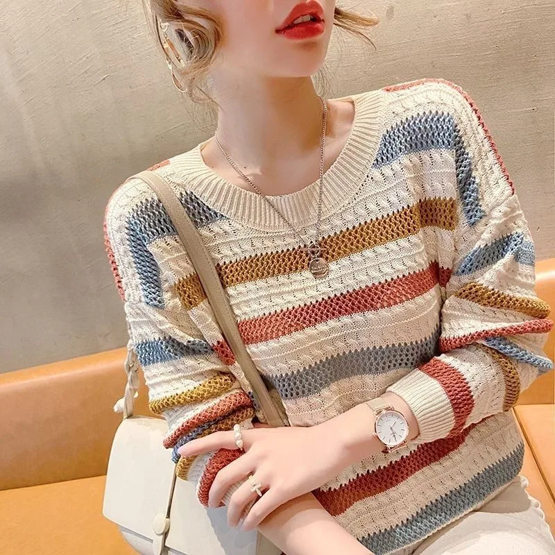 Women Sweater Loose Korean Fashion Knitted Autumn Spring Jumper Striped Hollow Out Streetwear Round Neck Female Clothing