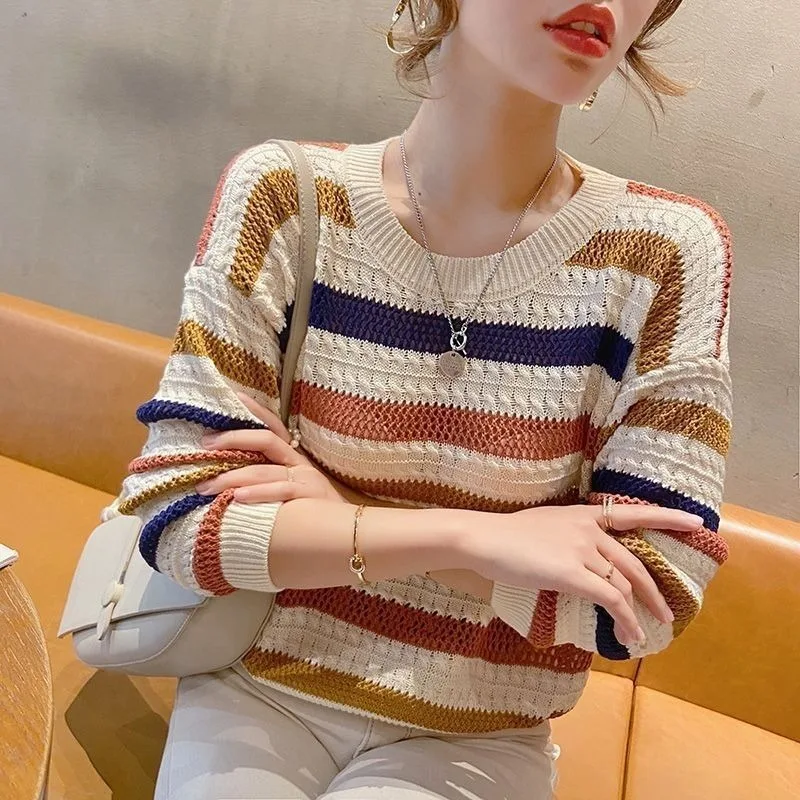 Women Sweater Loose Korean Fashion Knitted Autumn Spring Jumper Striped Hollow Out Streetwear Round Neck Female Clothing thumbnail 4