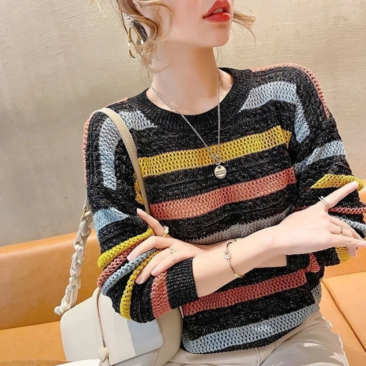 Women Sweater Loose Korean Fashion Knitted Autumn Spring Jumper Striped Hollow Out Streetwear Round Neck Female Clothing thumbnail 3
