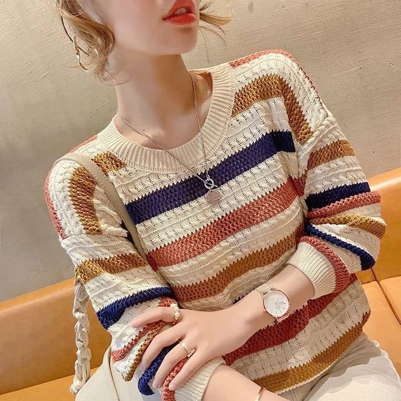 Women Sweater Loose Korean Fashion Knitted Autumn Spring Jumper Striped Hollow Out Streetwear Round Neck Female Clothing thumbnail 5