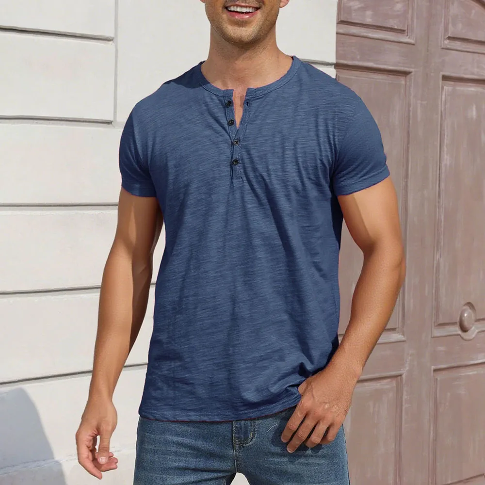 Men's Cotton T-shirt Fashion Button Design Breathable Solid Color Short-sleeved Henley Neck Tops Slim Fit Cozy Male Casual Tees thumbnail 3