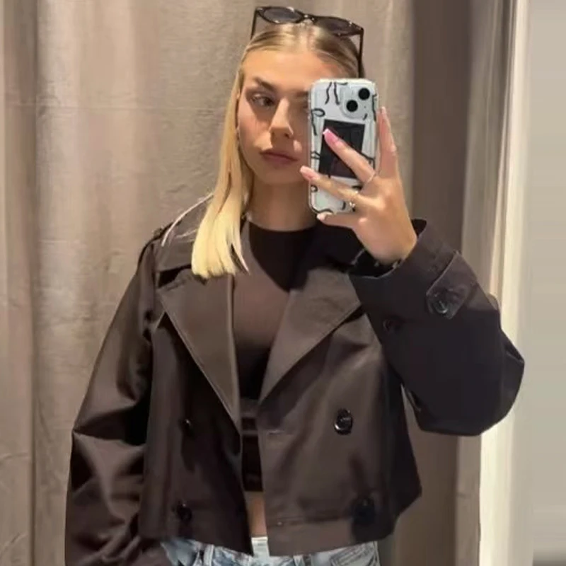 HXAO Women's Windbreaker Autumn Chocolate Brown Cropped Trench Coat Oversized Long Sleeve Coats Double-Breasted Jacket Outerwear thumbnail 4