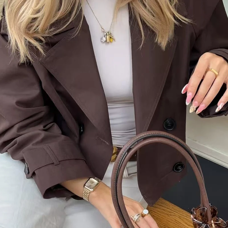 HXAO Women's Windbreaker Autumn Chocolate Brown Cropped Trench Coat Oversized Long Sleeve Coats Double-Breasted Jacket Outerwear thumbnail 6