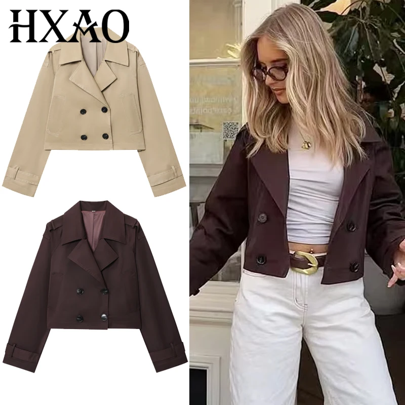 HXAO Women's Windbreaker Autumn Chocolate Brown Cropped Trench Coat Oversized Long Sleeve Coats Double-Breasted Jacket Outerwear