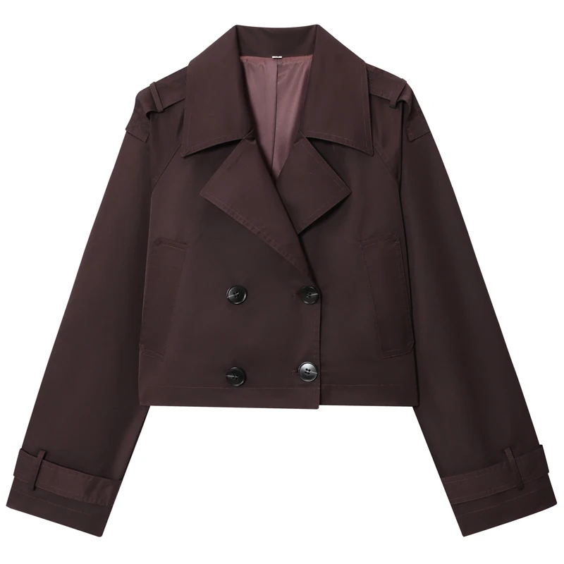 HXAO Women's Windbreaker Autumn Chocolate Brown Cropped Trench Coat Oversized Long Sleeve Coats Double-Breasted Jacket Outerwear thumbnail 2