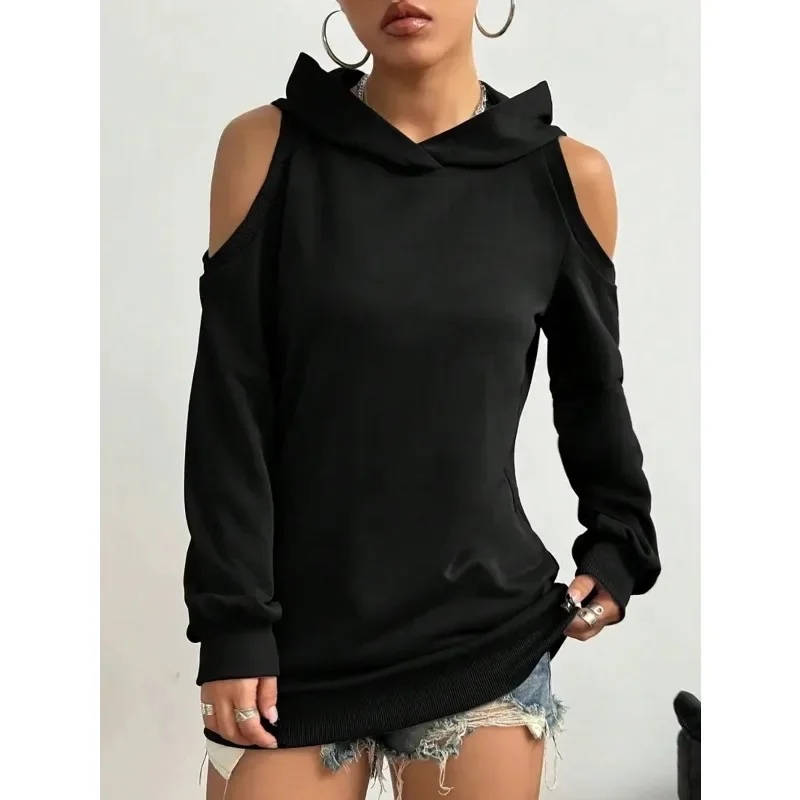 Plus Size Women's  Long-sleeved Drawstring Hooded Pullover Sweater Pure Color High-grade Black Off-shoulder Pocket Sweater thumbnail 2