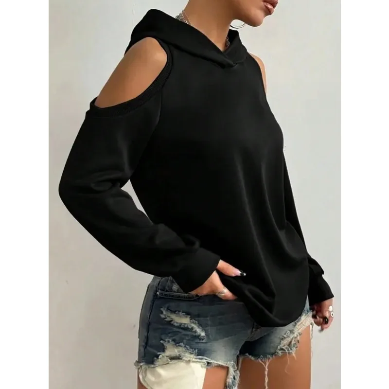 Plus Size Women's  Long-sleeved Drawstring Hooded Pullover Sweater Pure Color High-grade Black Off-shoulder Pocket Sweater