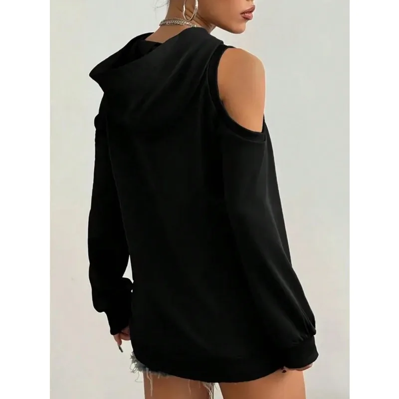 Plus Size Women's  Long-sleeved Drawstring Hooded Pullover Sweater Pure Color High-grade Black Off-shoulder Pocket Sweater thumbnail 4