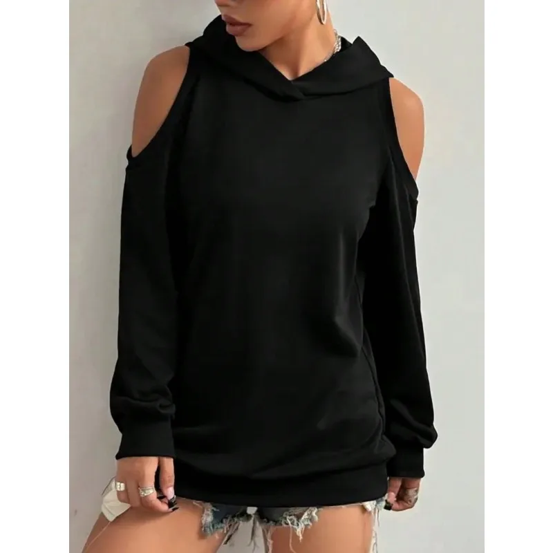 Plus Size Women's  Long-sleeved Drawstring Hooded Pullover Sweater Pure Color High-grade Black Off-shoulder Pocket Sweater thumbnail 3