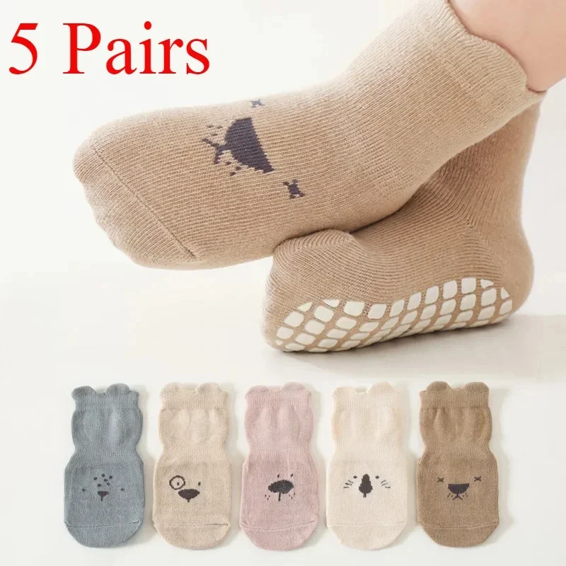 3/5 Pairs Baby Adorable Animals Pattern Non Slip Floor Socks, Breathable Casual Socks for Boys and Girls Kids Indoor Activities thumbnail 3