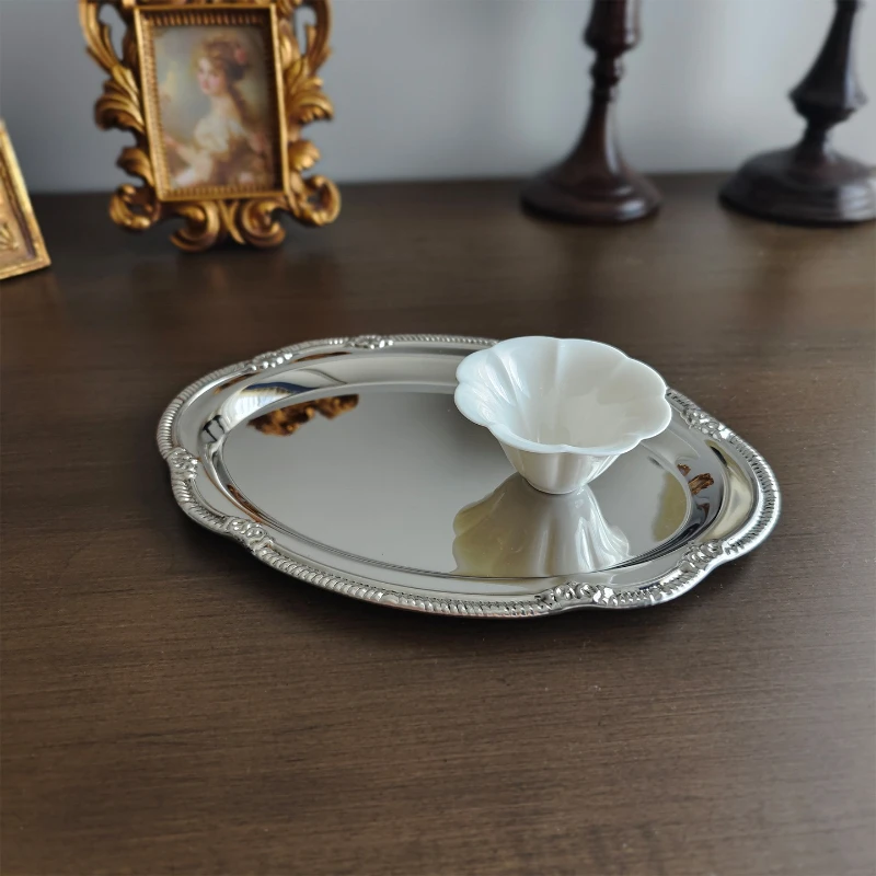 Vintage Embossed Stainless Steel Tray Serving Platter For Jewelry Storage Organizer Snack Plate Dining Table Decoration