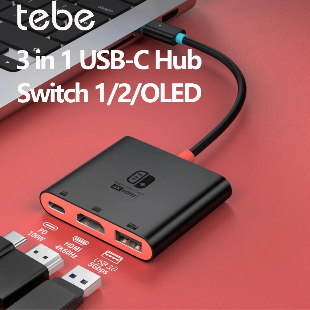 Tebe Switch Hub for Nintendo Switch 2/OLED Type-c to 4K 60hz HDMI-adapter USB 3.0 100W PD Docking Station for Laptop iPad Mac
