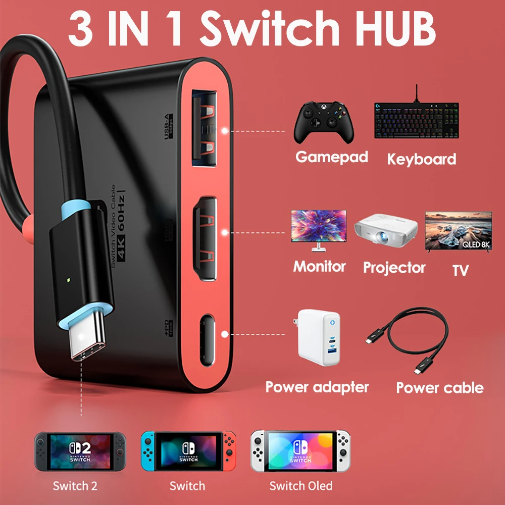 Tebe Switch Hub for Nintendo Switch 2/OLED Type-c to 4K 60hz HDMI-adapter USB 3.0 100W PD Docking Station for Laptop iPad Mac thumbnail 5