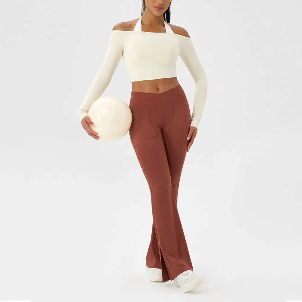 Women Sexy Off Shoulder Yoga Top Long Sleeve Gym Running Top Solid Quick-Dry Sport Workout Shirt thumbnail 6