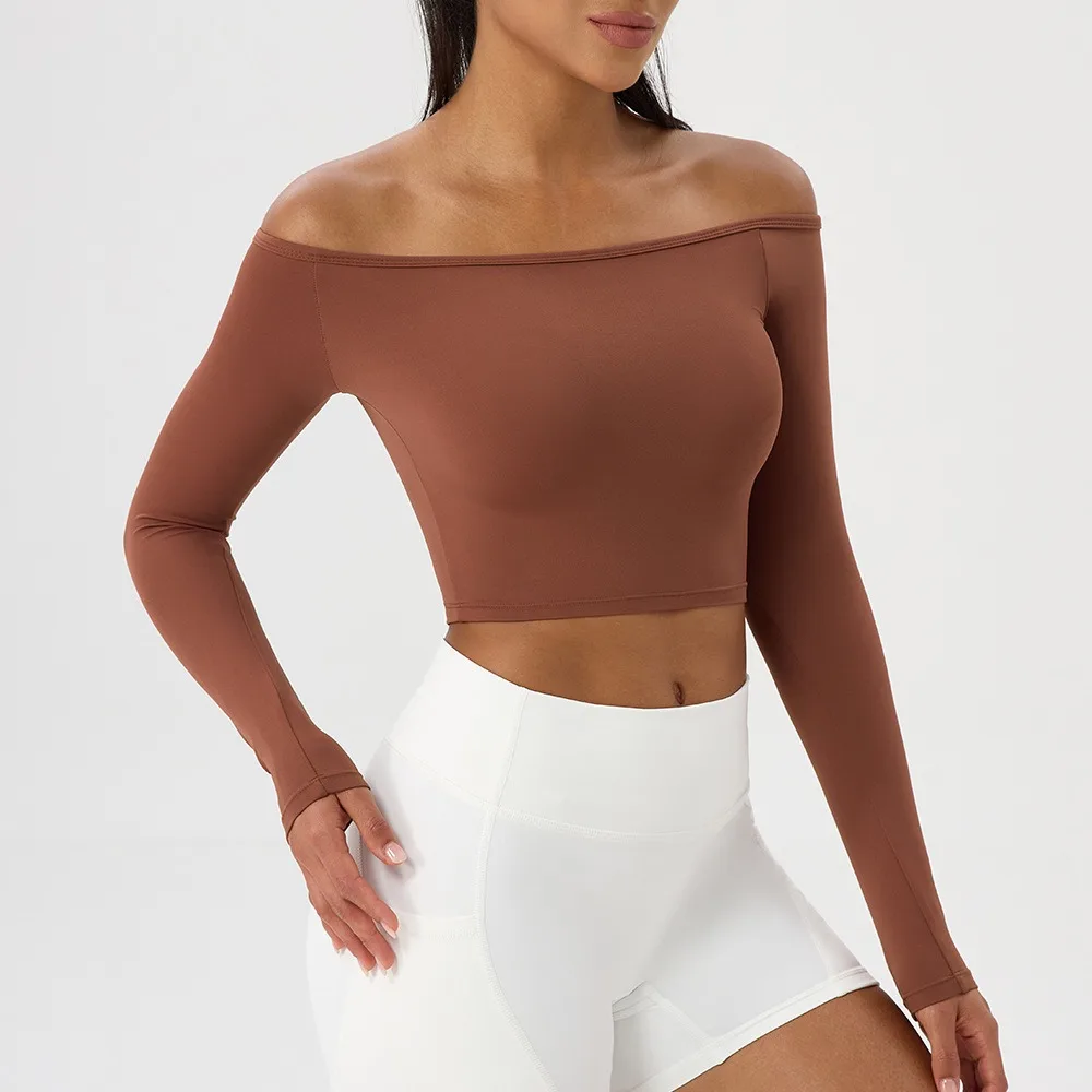 Women Sexy Off Shoulder Yoga Top Long Sleeve Gym Running Top Solid Quick-Dry Sport Workout Shirt thumbnail 4