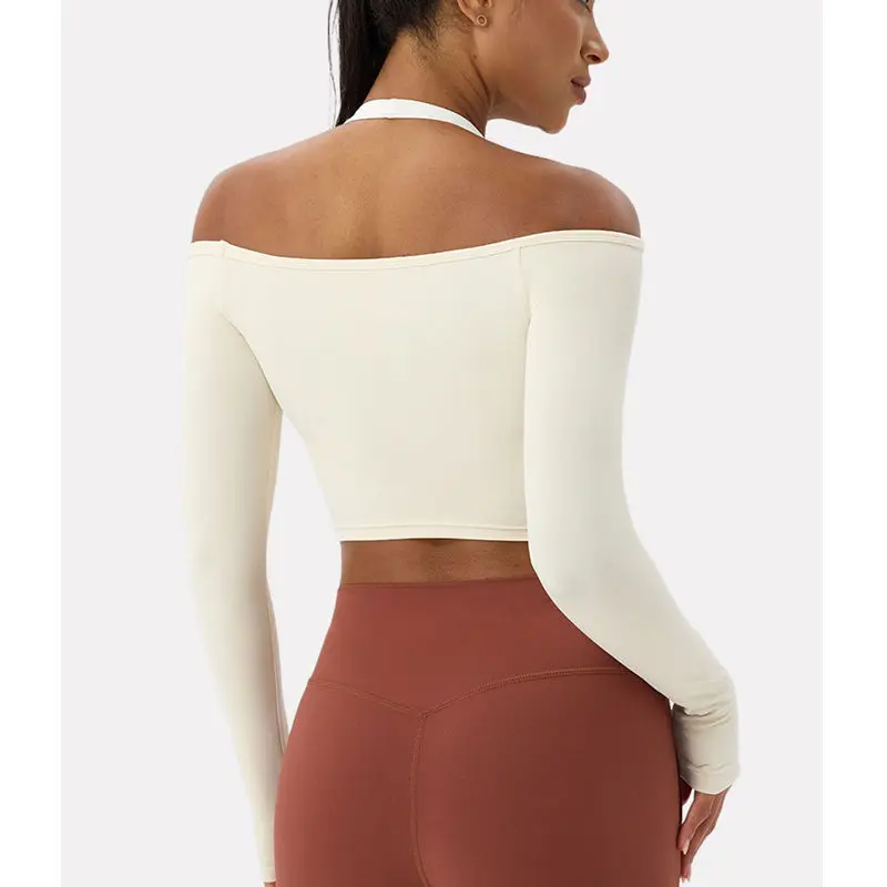 Women Sexy Off Shoulder Yoga Top Long Sleeve Gym Running Top Solid Quick-Dry Sport Workout Shirt thumbnail 2