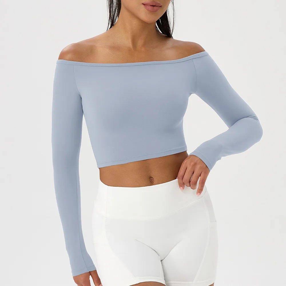Women Sexy Off Shoulder Yoga Top Long Sleeve Gym Running Top Solid Quick-Dry Sport Workout Shirt thumbnail 5
