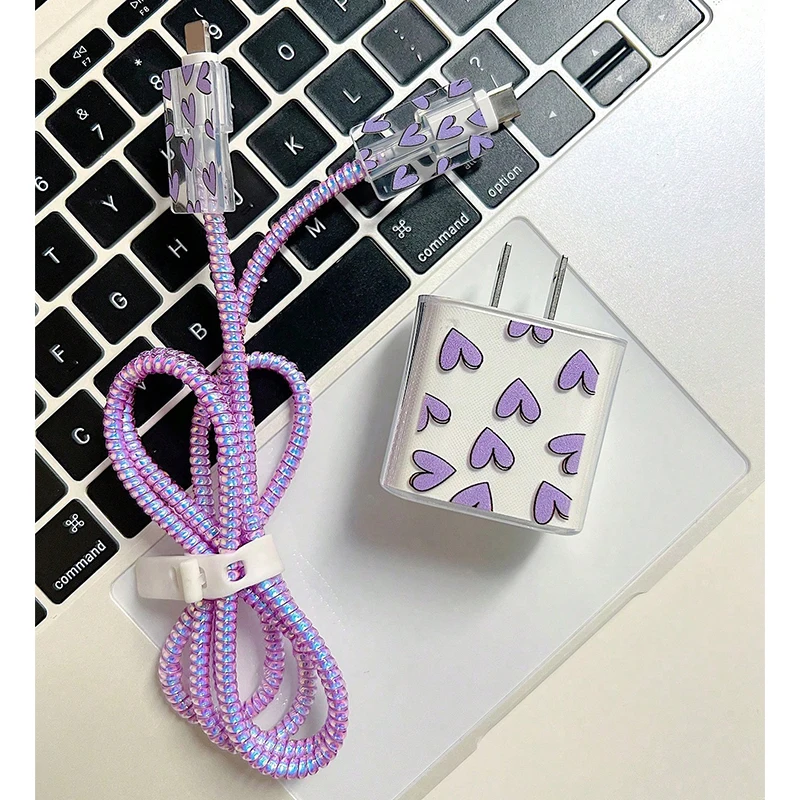 For IPhone 15/14/13 Data Cable Winder Protect Cover Sleeve Purple Love Heart Pattern for Apple 18W/20W Charger Protective Case thumbnail 5