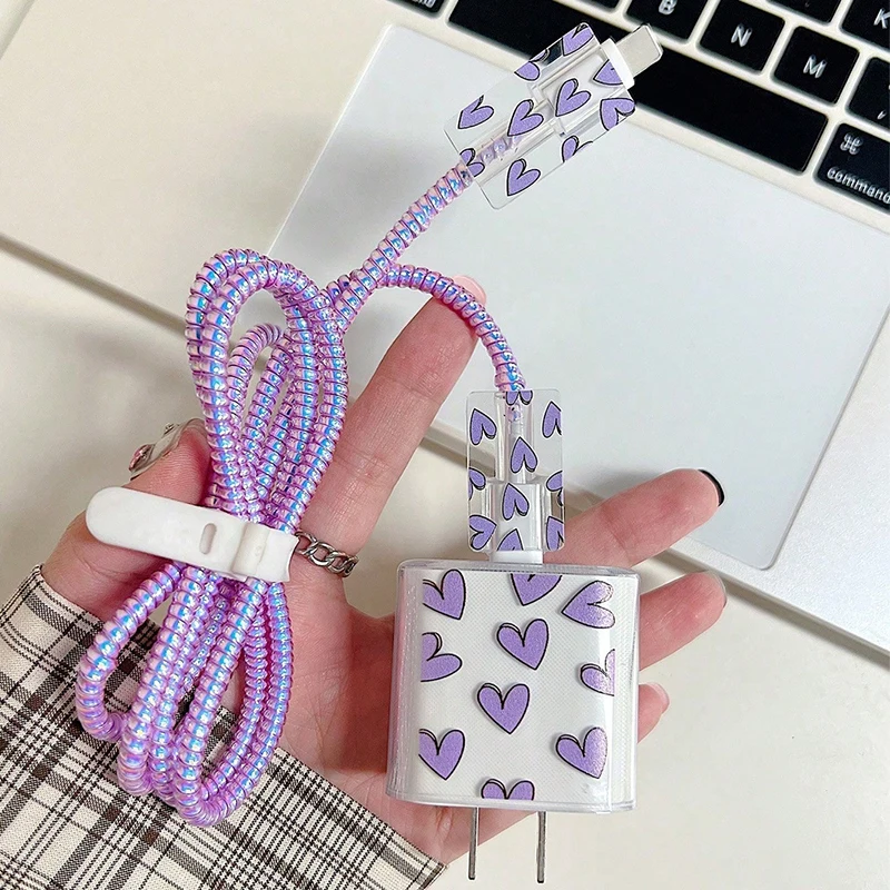 For IPhone 15/14/13 Data Cable Winder Protect Cover Sleeve Purple Love Heart Pattern for Apple 18W/20W Charger Protective Case