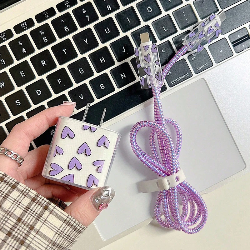For IPhone 15/14/13 Data Cable Winder Protect Cover Sleeve Purple Love Heart Pattern for Apple 18W/20W Charger Protective Case thumbnail 4