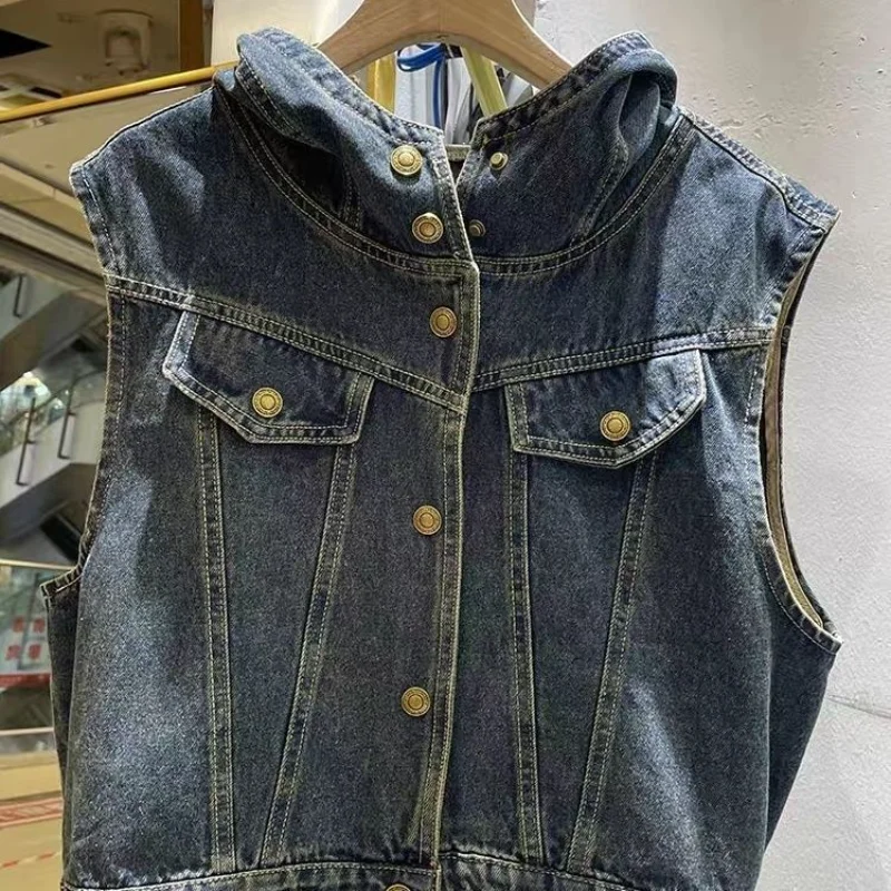 European Sleeveless Vest Hooded Denim Jacket for Women in Autumn Small Short Vest Jacket Top thumbnail 3