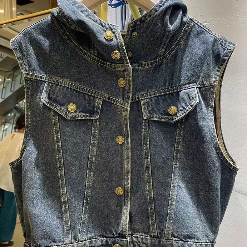 European Sleeveless Vest Hooded Denim Jacket for Women in Autumn Small Short Vest Jacket Top thumbnail 5
