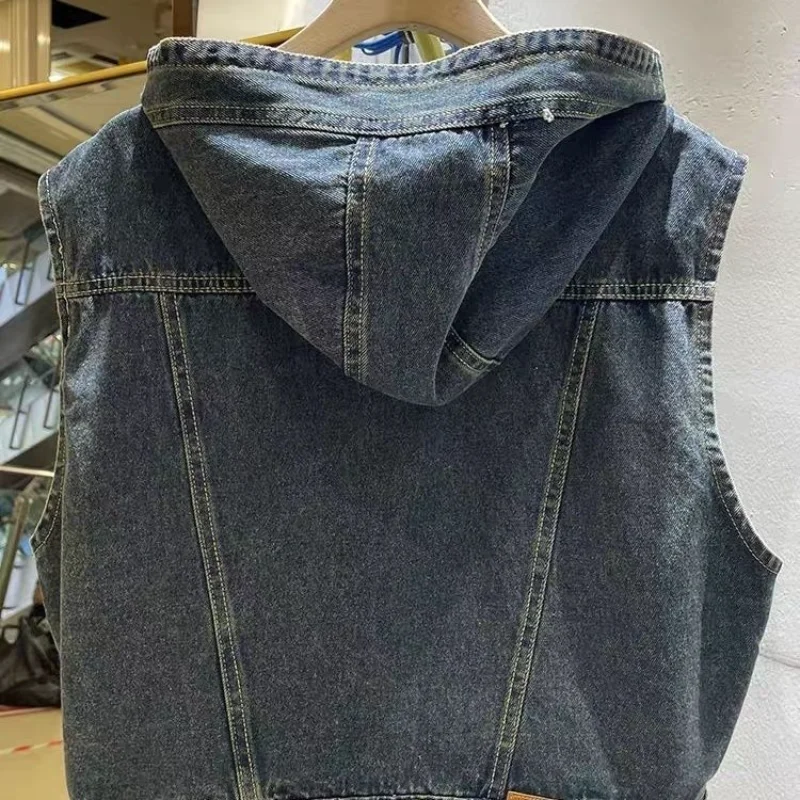 European Sleeveless Vest Hooded Denim Jacket for Women in Autumn Small Short Vest Jacket Top thumbnail 4