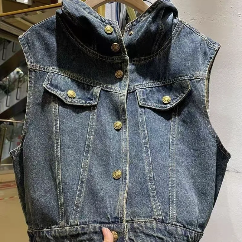 European Sleeveless Vest Hooded Denim Jacket for Women in Autumn Small Short Vest Jacket Top thumbnail 6