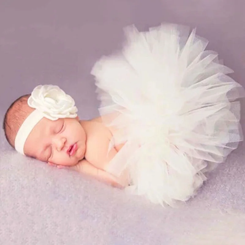 0-1Year Baby Photo Props Set Newborn Skirt Fluffy+Flower Headband Infant Photography Clothing Princess Dress thumbnail 2