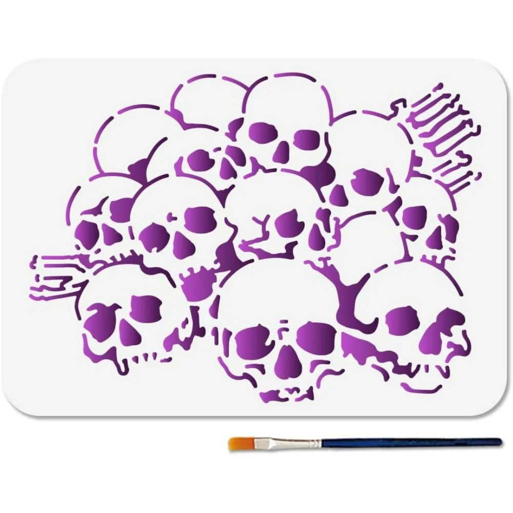 A4 Size Skull Painting Stencil Skull Pile Template with Paint Brush 11.7x8.3inch Skeleton Template Halloween Art Plastic Stencil