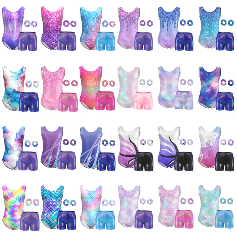 Gymnastics Leotards for Girls Sparkly Athletic Gymnastics Unitard Tumbling outfits Kids Dancewear with Matching Shorts Hairband