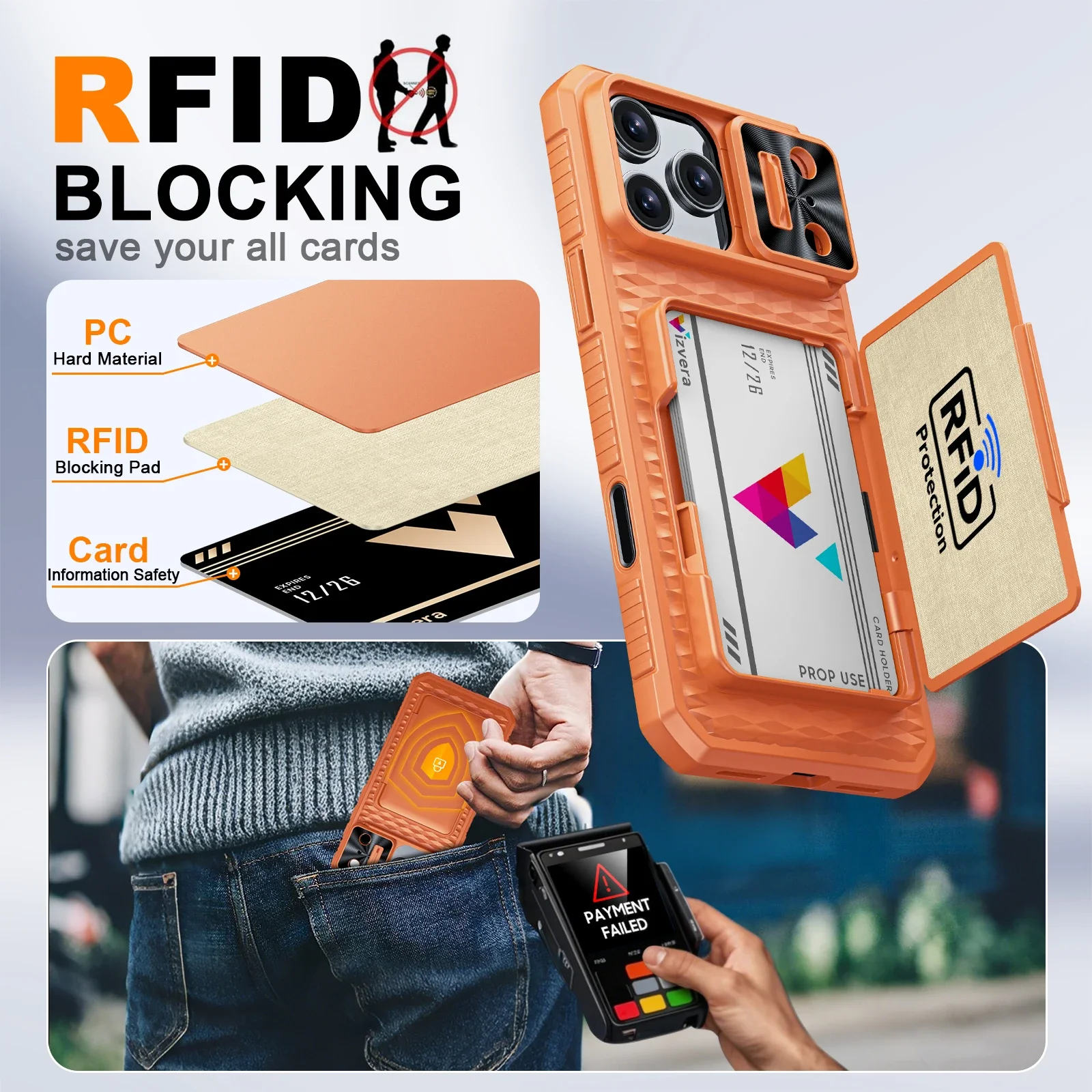 With Card Holder Sliding Camera Cover And Stand For iPhone 17 Pro/17 Pro Max Phone Case, Anti-Fall PC+TPU Wallet Case-Orange thumbnail 3