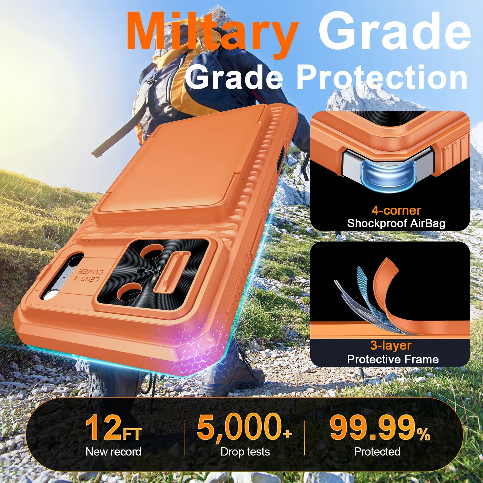 With Card Holder Sliding Camera Cover And Stand For iPhone 17 Pro/17 Pro Max Phone Case, Anti-Fall PC+TPU Wallet Case-Orange thumbnail 6