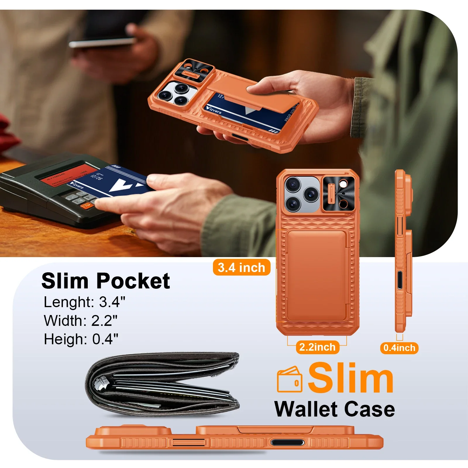 With Card Holder Sliding Camera Cover And Stand For iPhone 17 Pro/17 Pro Max Phone Case, Anti-Fall PC+TPU Wallet Case-Orange thumbnail 5