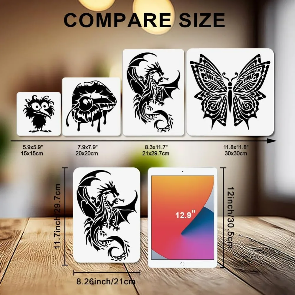 Dragon Stencils for Painting A4 Size 11.7x8.3 inch 2 Pack with Paint Brush Craft Templates for Wood DIY thumbnail 2